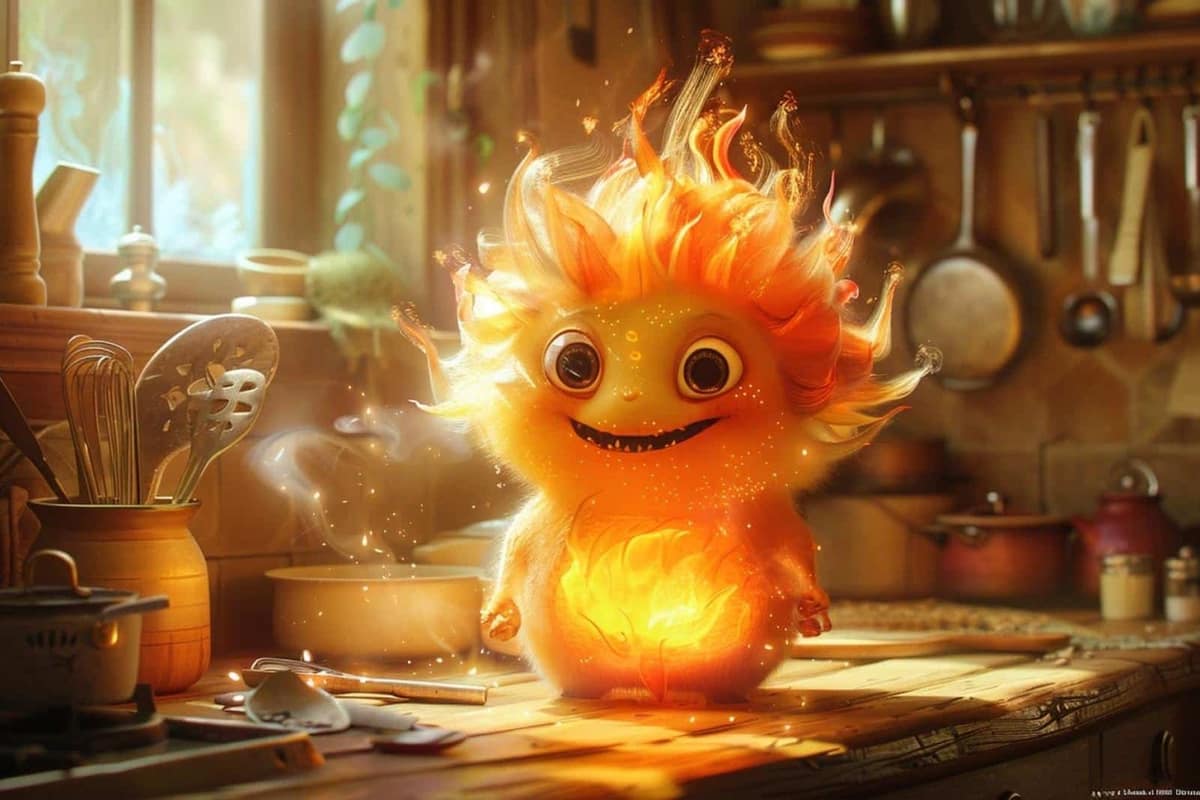 Petite flamme expressive dans une cheminée ancienne aux ustensiles en cuivre