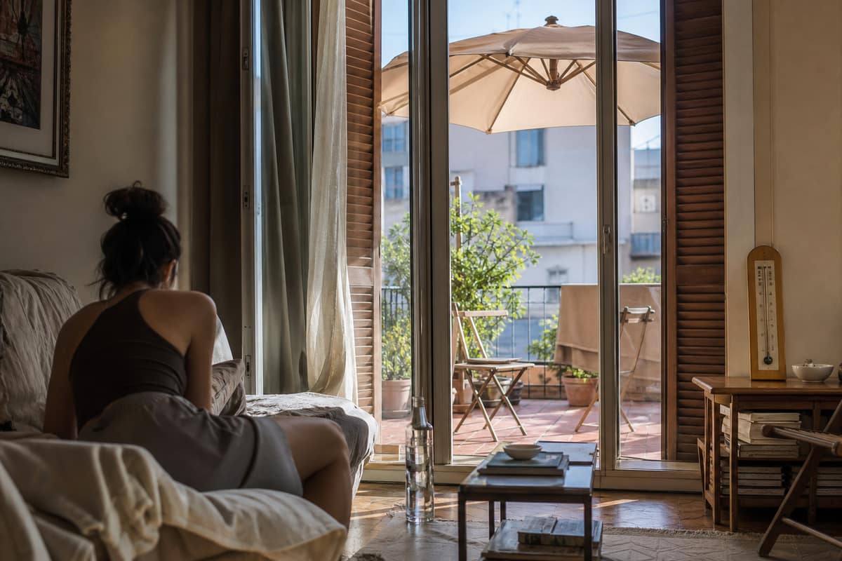Baie vitrée ombragée par un parasol devant un salon lumineux en été