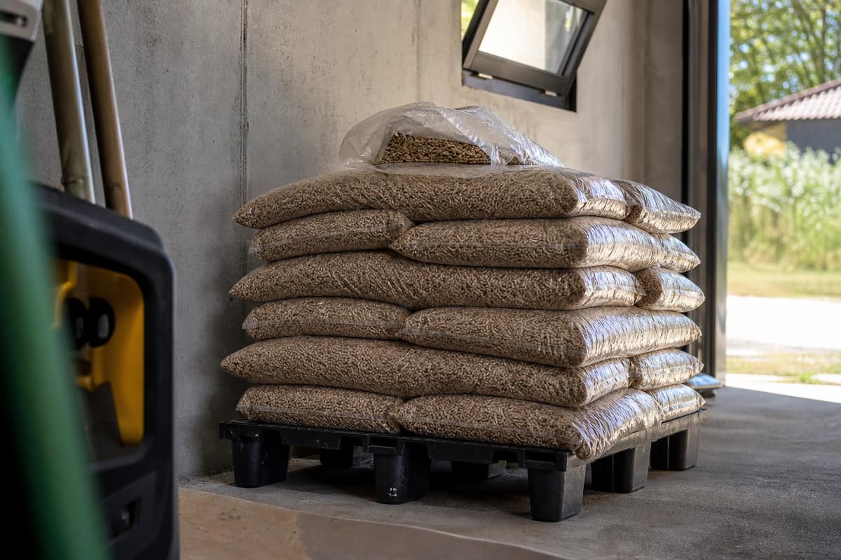 Sacs de pellets sur palette dans un garage sec et ventilé