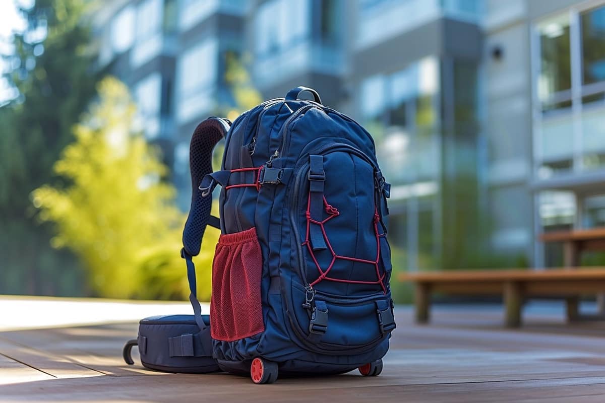 Cartable à roulettes bleu et ocre posé près de cahiers d’école primaire
