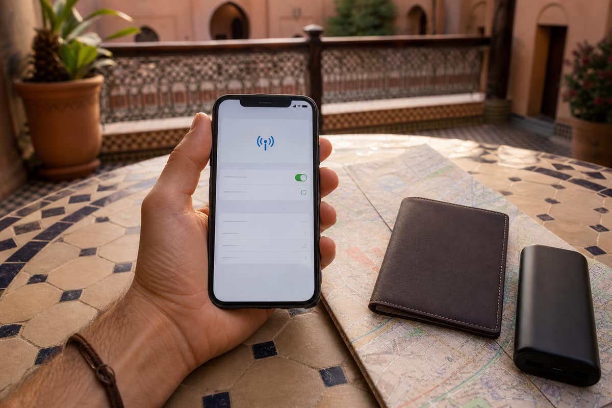 Smartphone avec eSIM et carte papier sur une terrasse marocaine