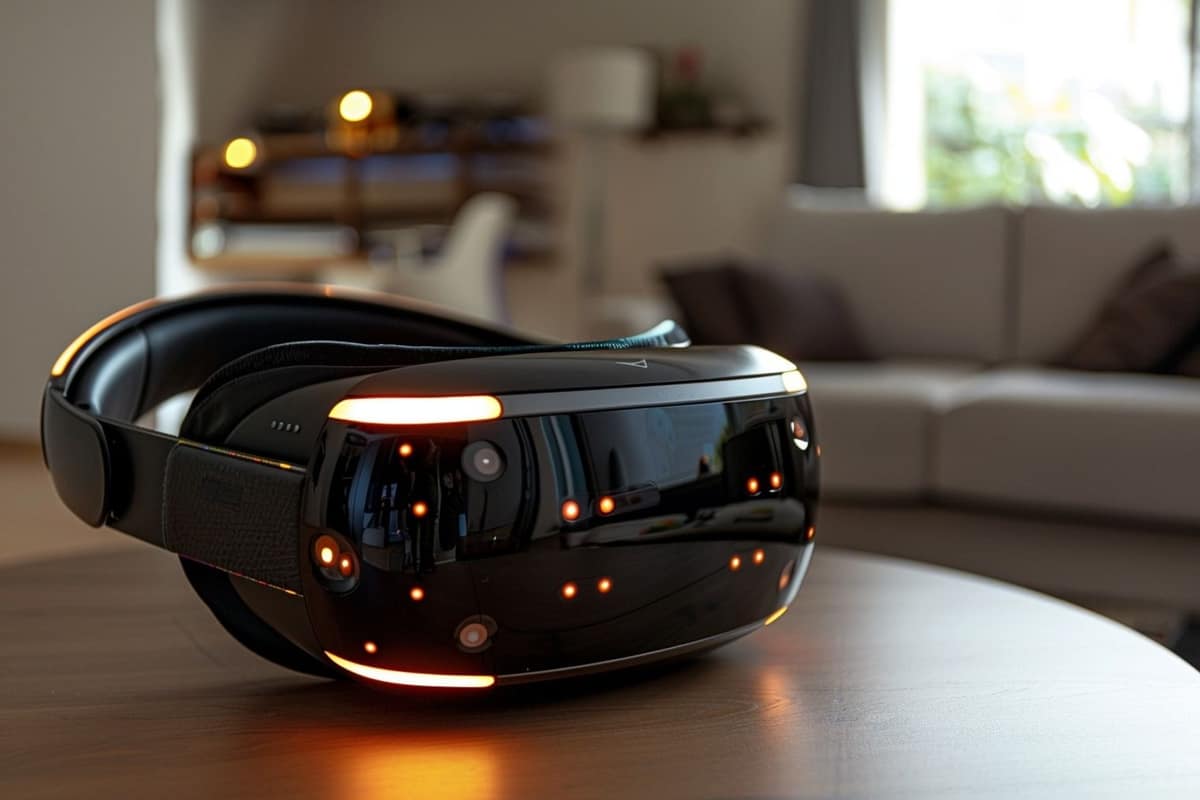 Casque VR noir pour smartphone posé sur une table en bois clair