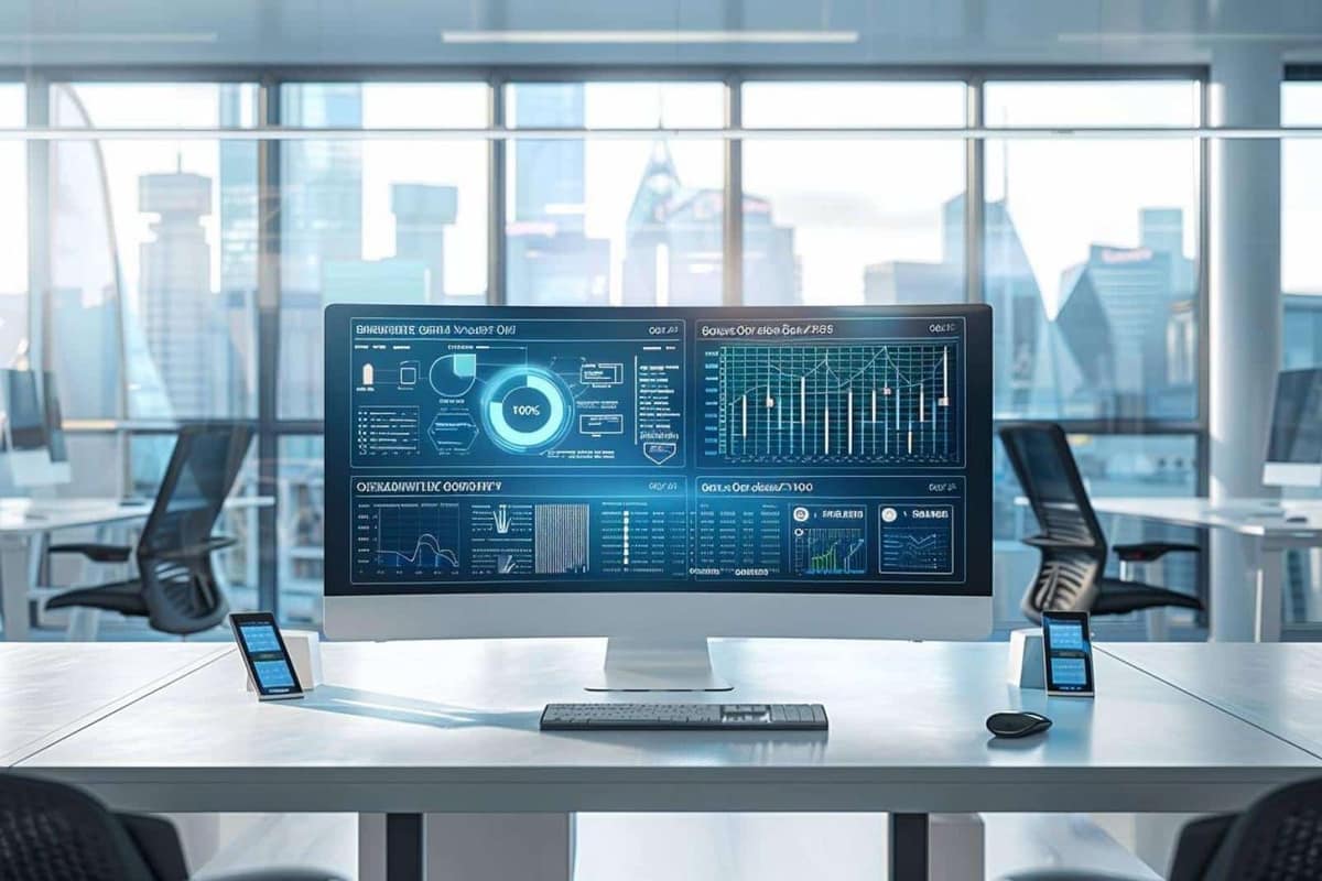 Dirigeante analysant des indicateurs de risques sur ordinateur et documents financiers