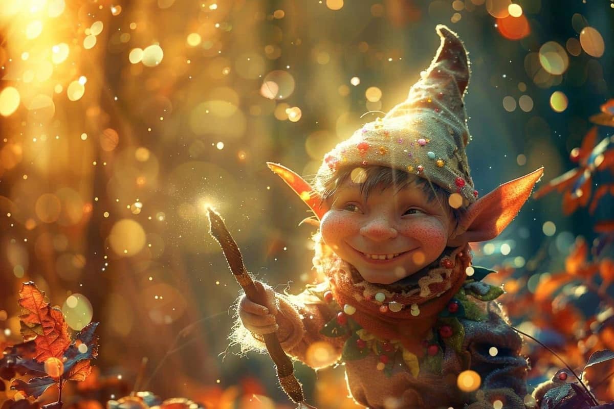 Lutin farceur en tissu entouré de peluches sur une table familiale