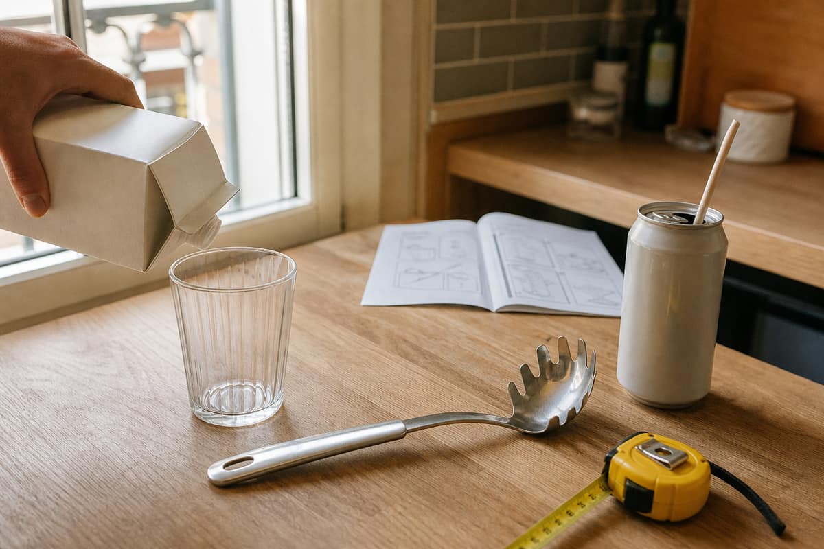 Ustensiles de cuisine, brique de lait et mètre ruban sur un plan de travail