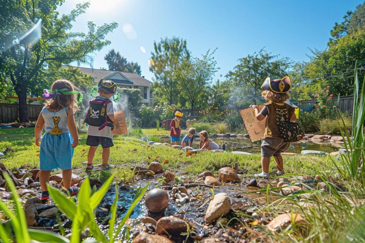 Carte au trésor, enveloppes et coffre en carton dans un jardin familial