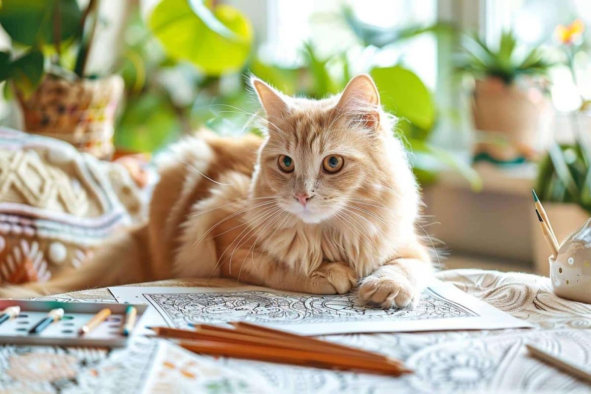 Dessin de chat en cours de coloriage avec crayons sur une table en bois