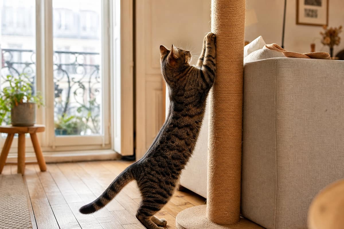 Chat tigré qui griffe un griffoir en sisal au salon