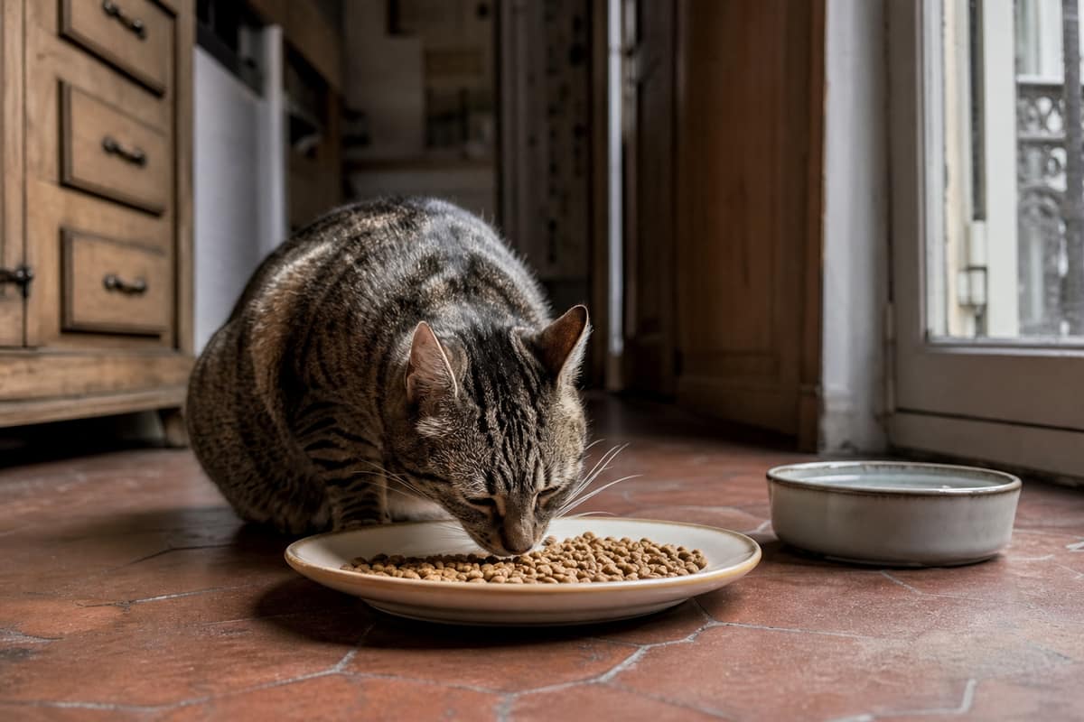Chat tigré mangeant des croquettes dans une assiette plate posée sur le carrelage d’une cuisine