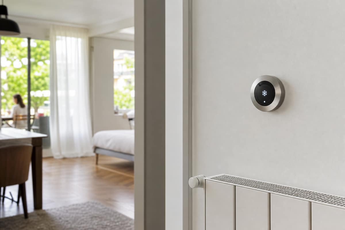Thermostat mural en mode été près d’un radiateur dans un appartement lumineux