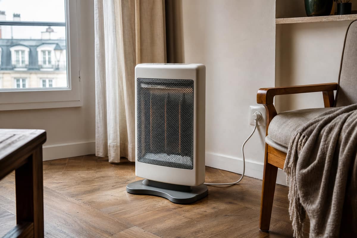Chauffage électrique d’appoint posé loin des rideaux dans un salon d’hiver
