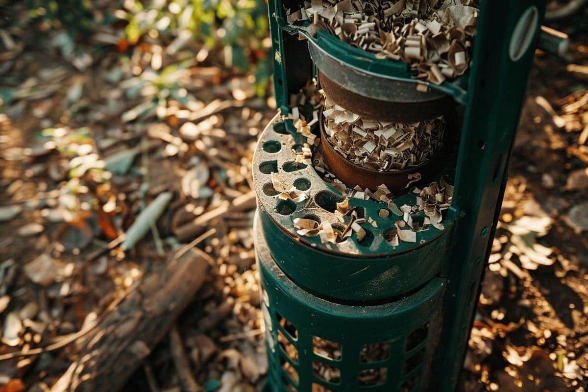 Papiers à recycler près d’un poêle à bois et de bûches sèches