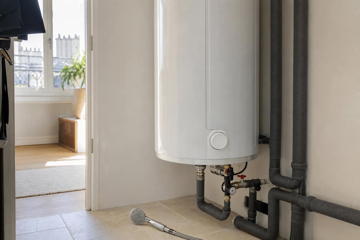 Chauffe-eau domestique avec tuyaux isolés et douchette économe dans un logement français