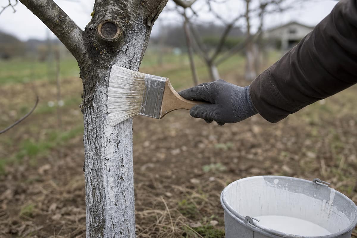 Badigeon blanc appliqué au pinceau sur le tronc d’un pommier adulte