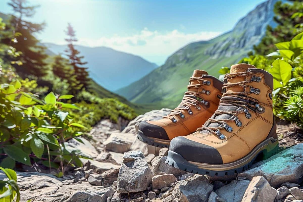 Paire de chaussures de randonnée posée sur un sentier rocheux humide
