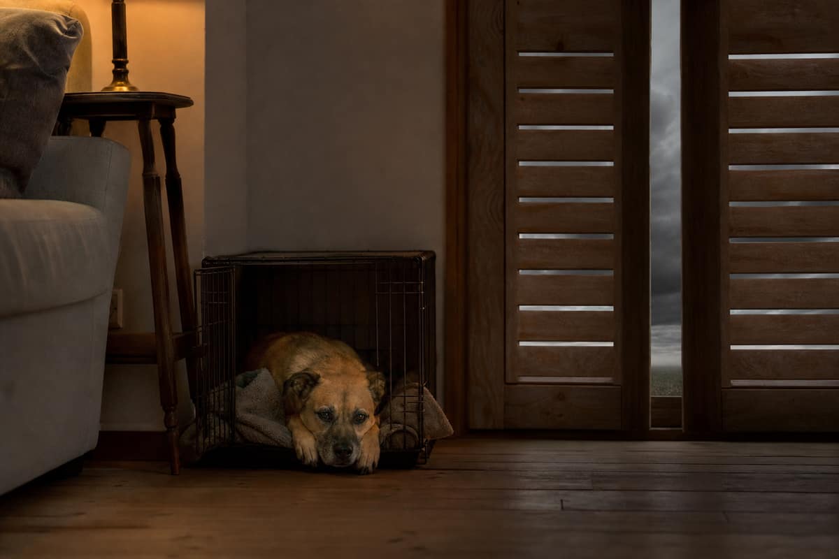 Chien couché dans une caisse ouverte garnie d’une couverture, volets fermés dans un salon sombre