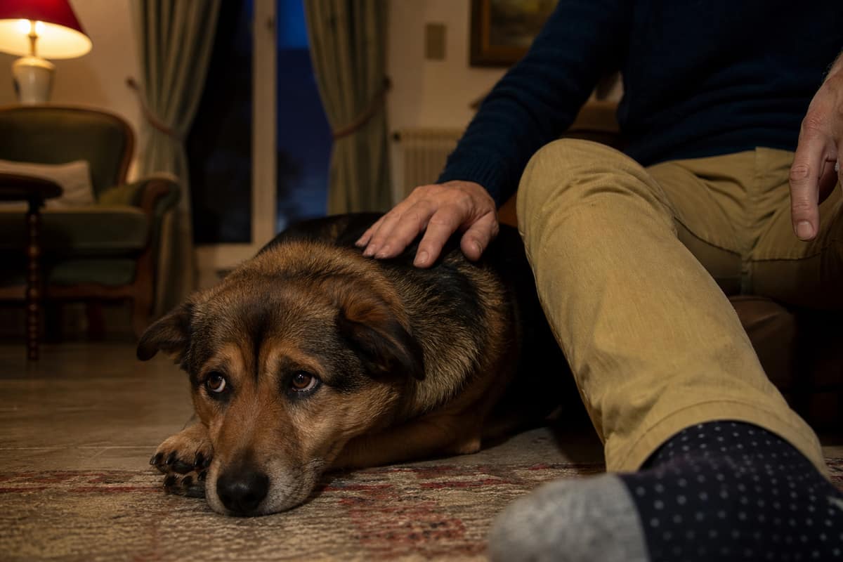 Chien blotti contre son propriétaire dans un salon calme et faiblement éclairé