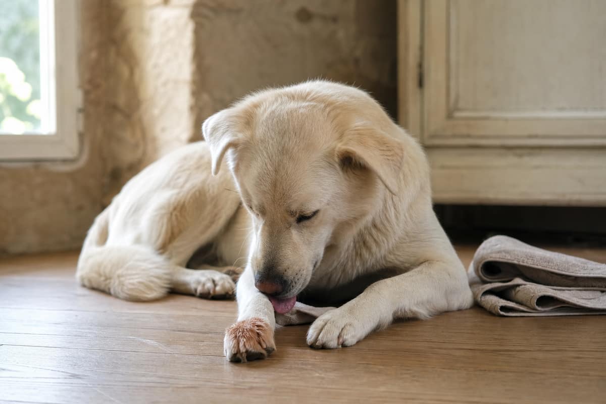 Chien au pelage crème allongé sur un parquet, en train de se lécher une patte avant