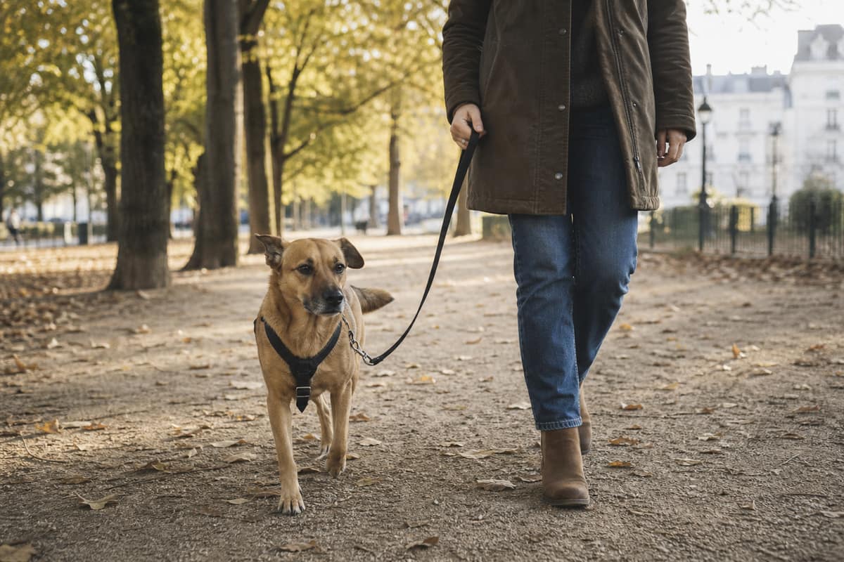 Chien marchant calmement en laisse détendue aux côtés de son propriétaire