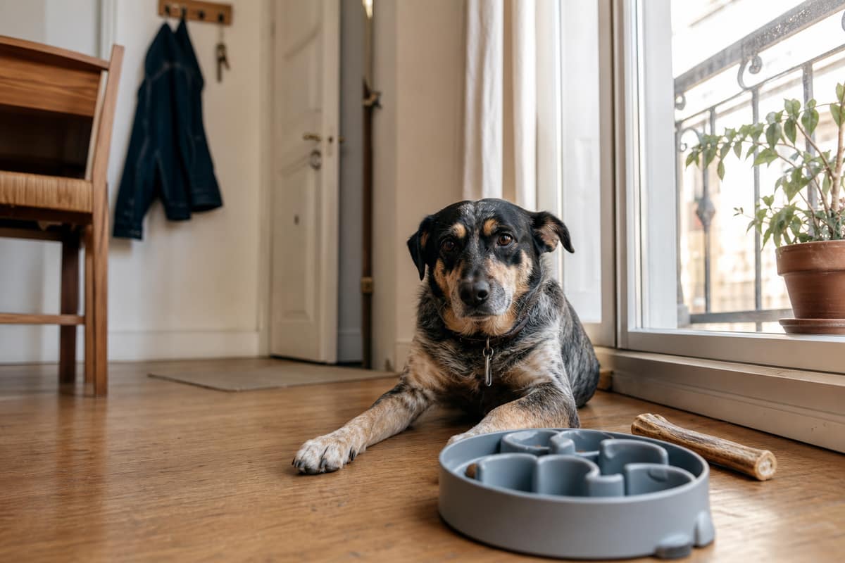 Chien allongé calmement près d’une fenêtre avec un jouet occupant
