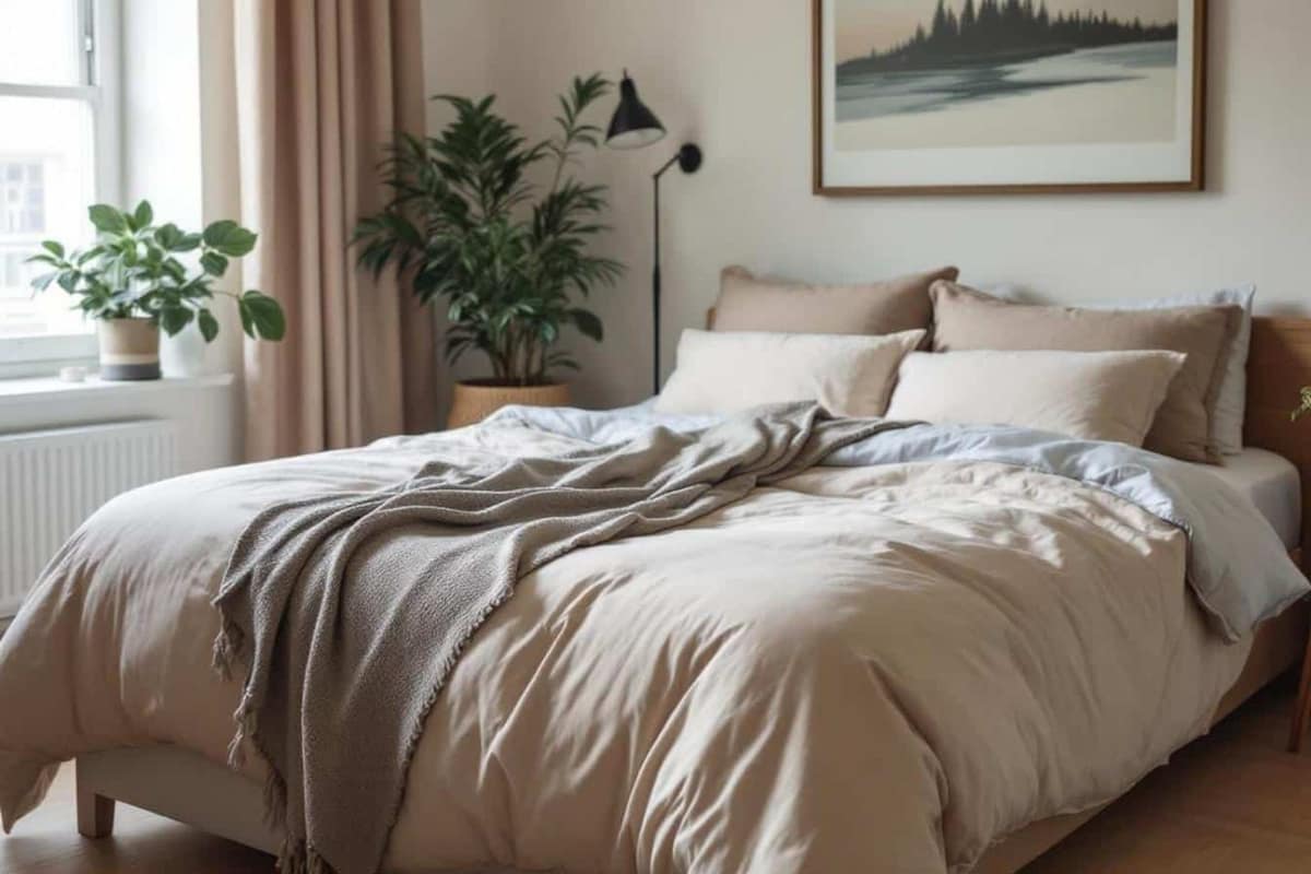 Couette blanche sur un lit double dans une chambre lumineuse