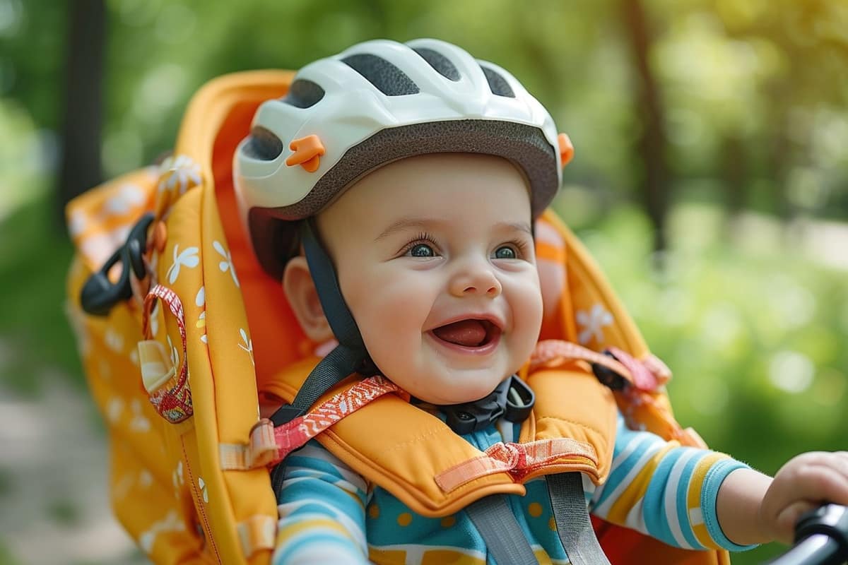Siège enfant arrière fixé sur un vélo urbain près d’une piste cyclable