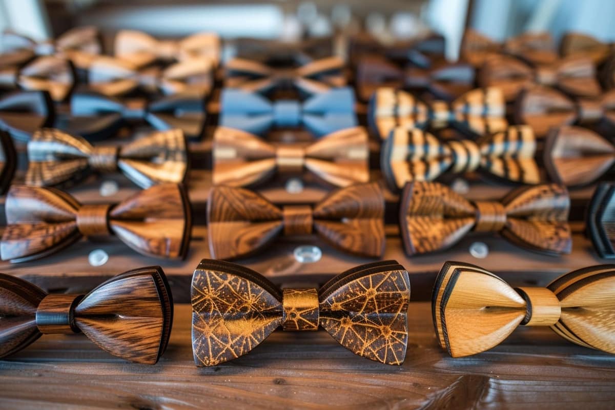 Sélection de nœuds papillon en bois et échantillons sur un comptoir de boutique