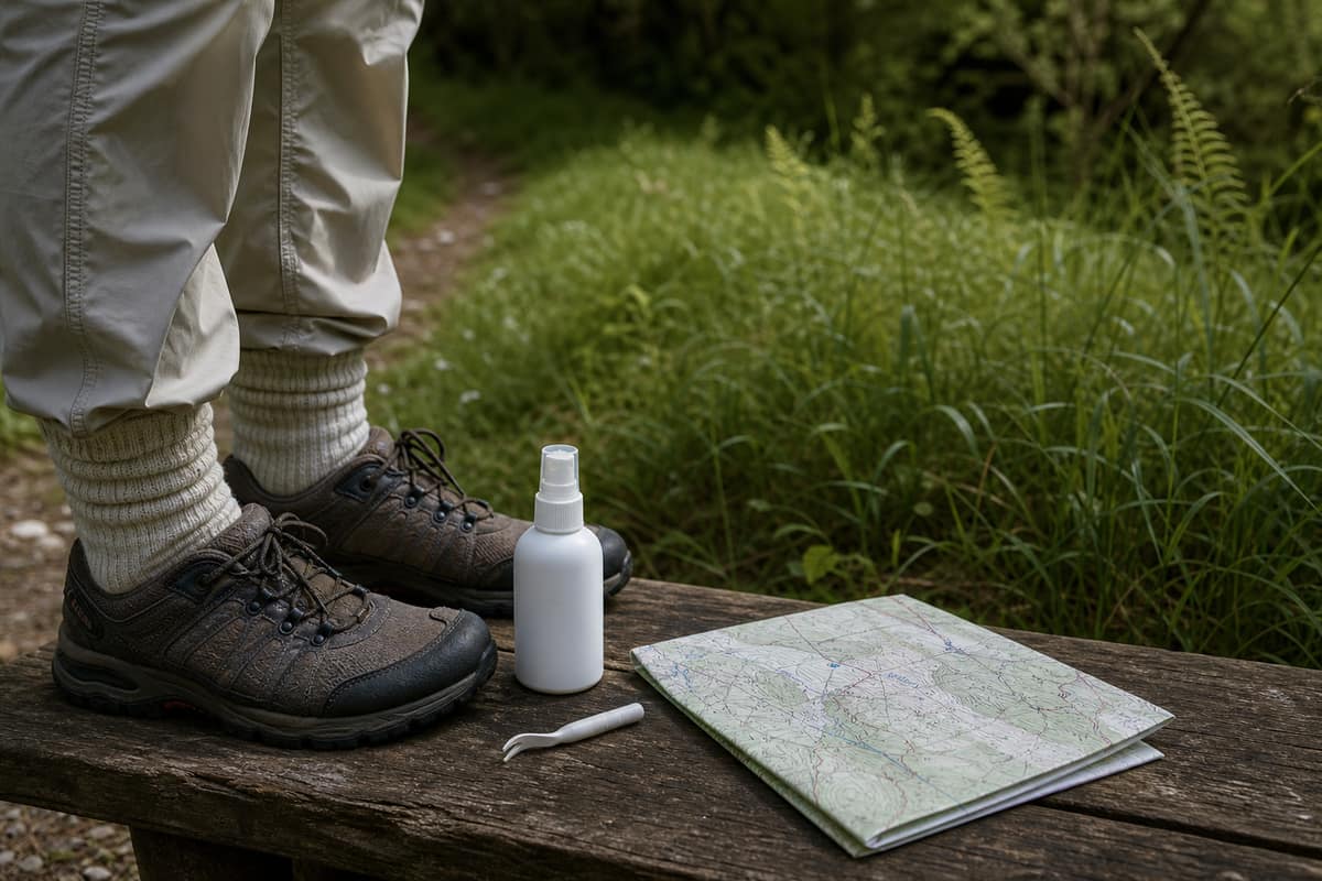 Vêtements de randonnée couvrants et tire-tique posés près d’un sentier herbeux