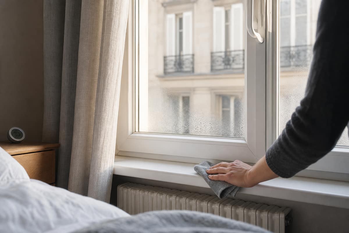 Gouttes de condensation sur une fenêtre double vitrage et chiffon microfibre sur l’appui