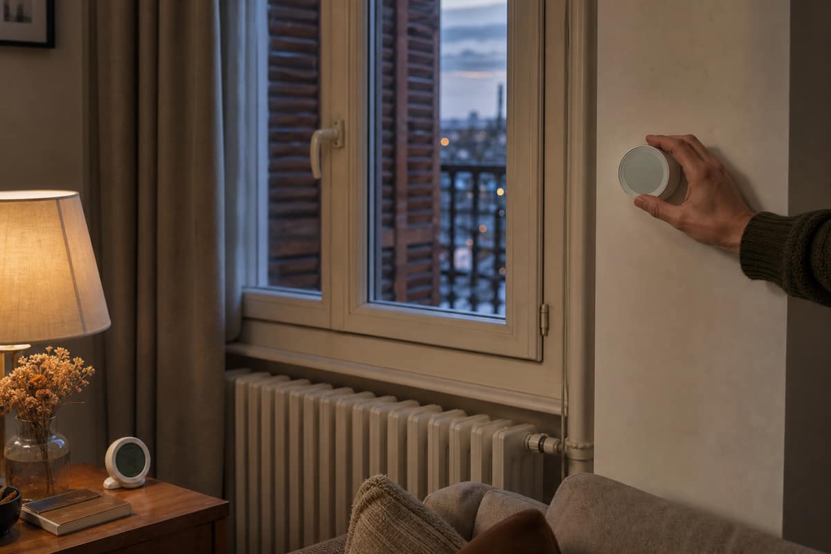 Main réglant un thermostat près d’un radiateur et de volets fermés