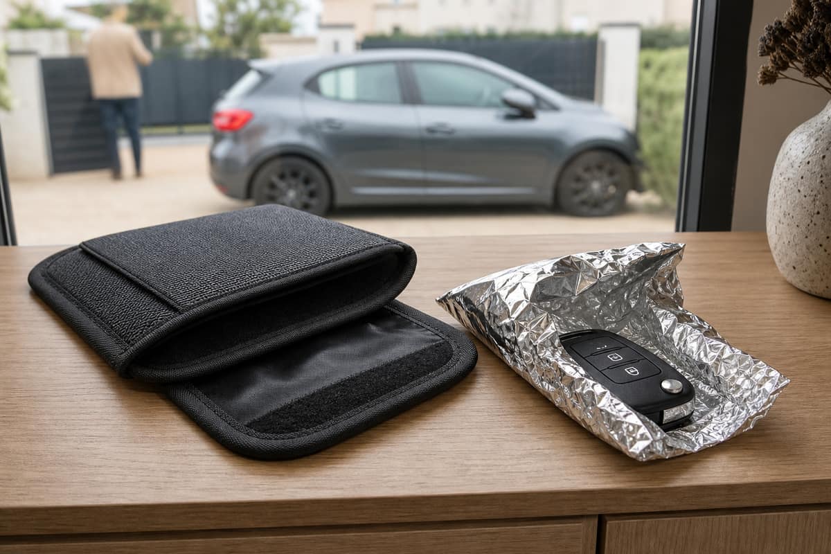 Clé de voiture enveloppée d’aluminium à côté d’une pochette Faraday