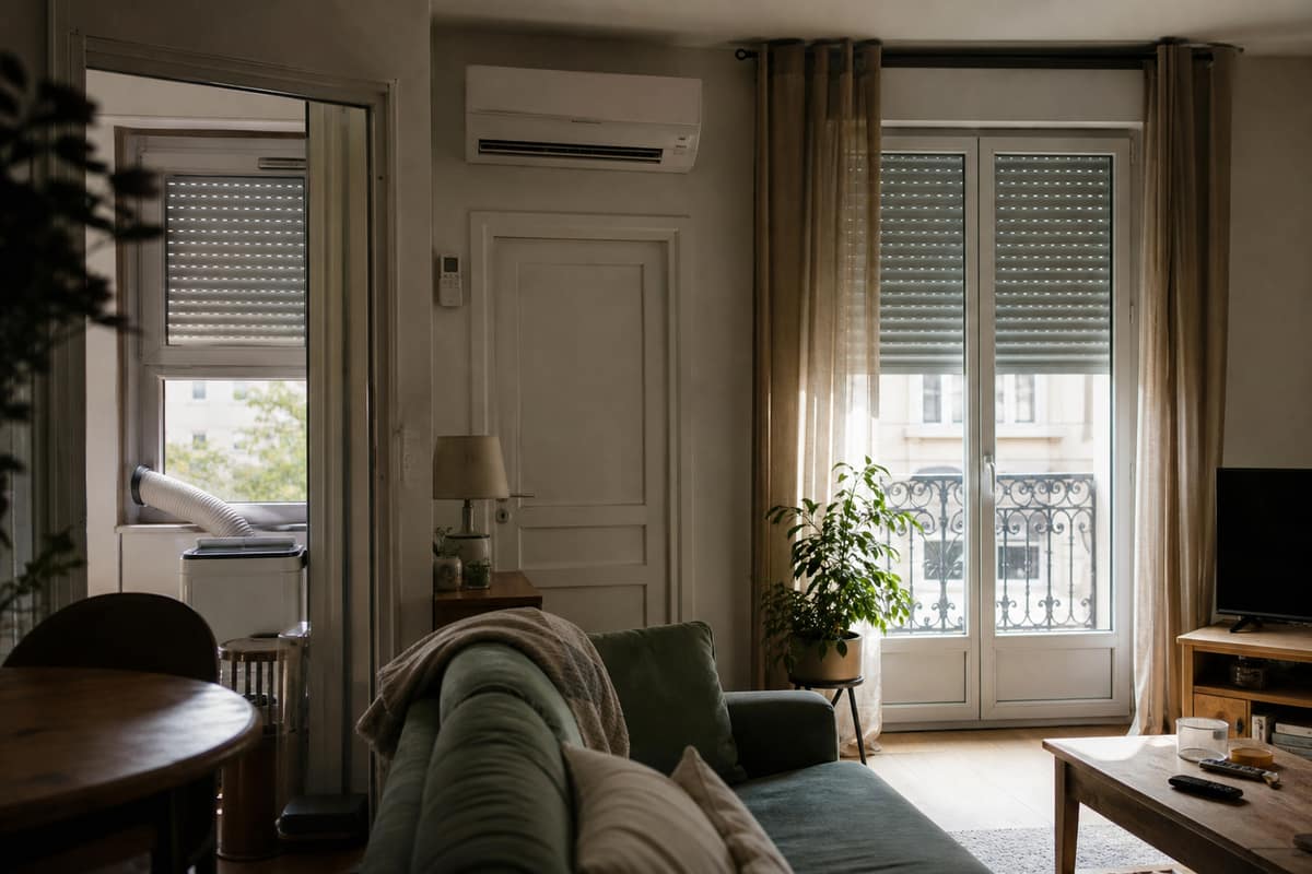 Climatiseur mural dans un séjour aux volets fermés et porte intérieure close