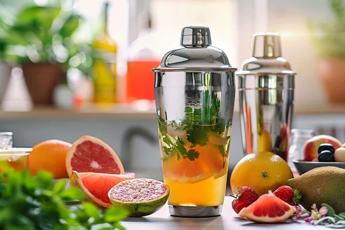 Deux cocktails colorés maison avec agrumes, herbes fraîches et glaçons sur une table