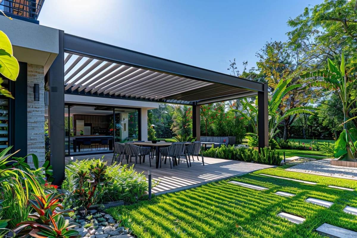 Pergola bioclimatique en aluminium installée sur une terrasse de maison française