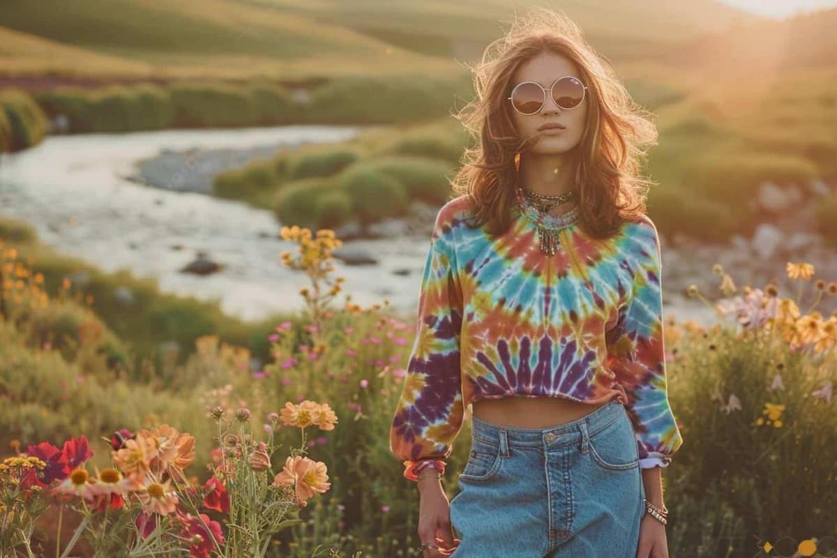 Tenue Woodstock moderne avec jean flare, blouse brodée et bottines en daim