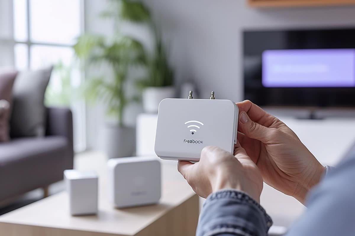 Répéteur Wi-Fi branché dans un couloir entre la box et une chambre