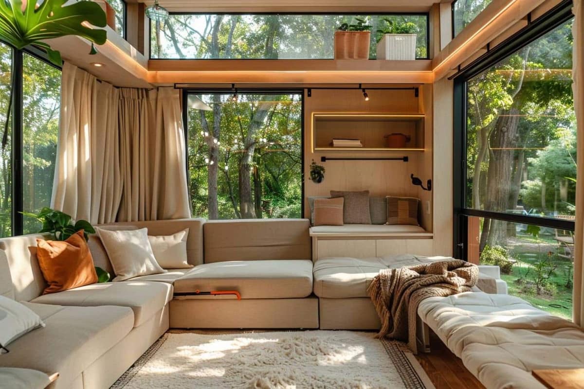 Intérieur lumineux de tiny house avec banquette tiroirs, cuisine compacte et mezzanine