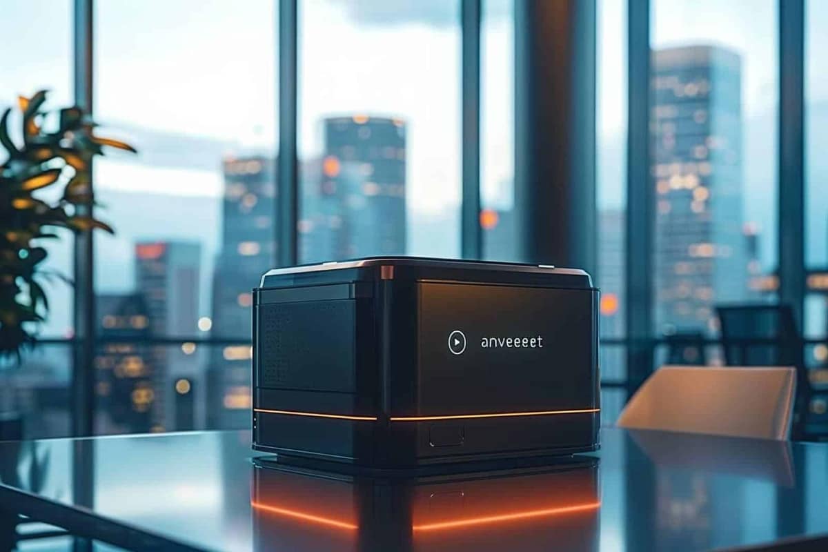 Équipe en réunion vidéo autour d’un ordinateur dans un bureau lumineux