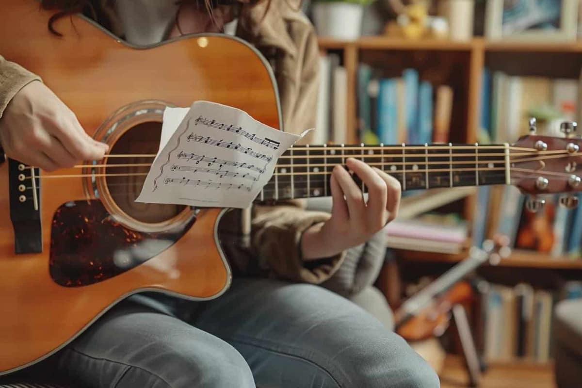 Coin musique lumineux avec guitare, clavier, pupitre et métronome dans un appartement