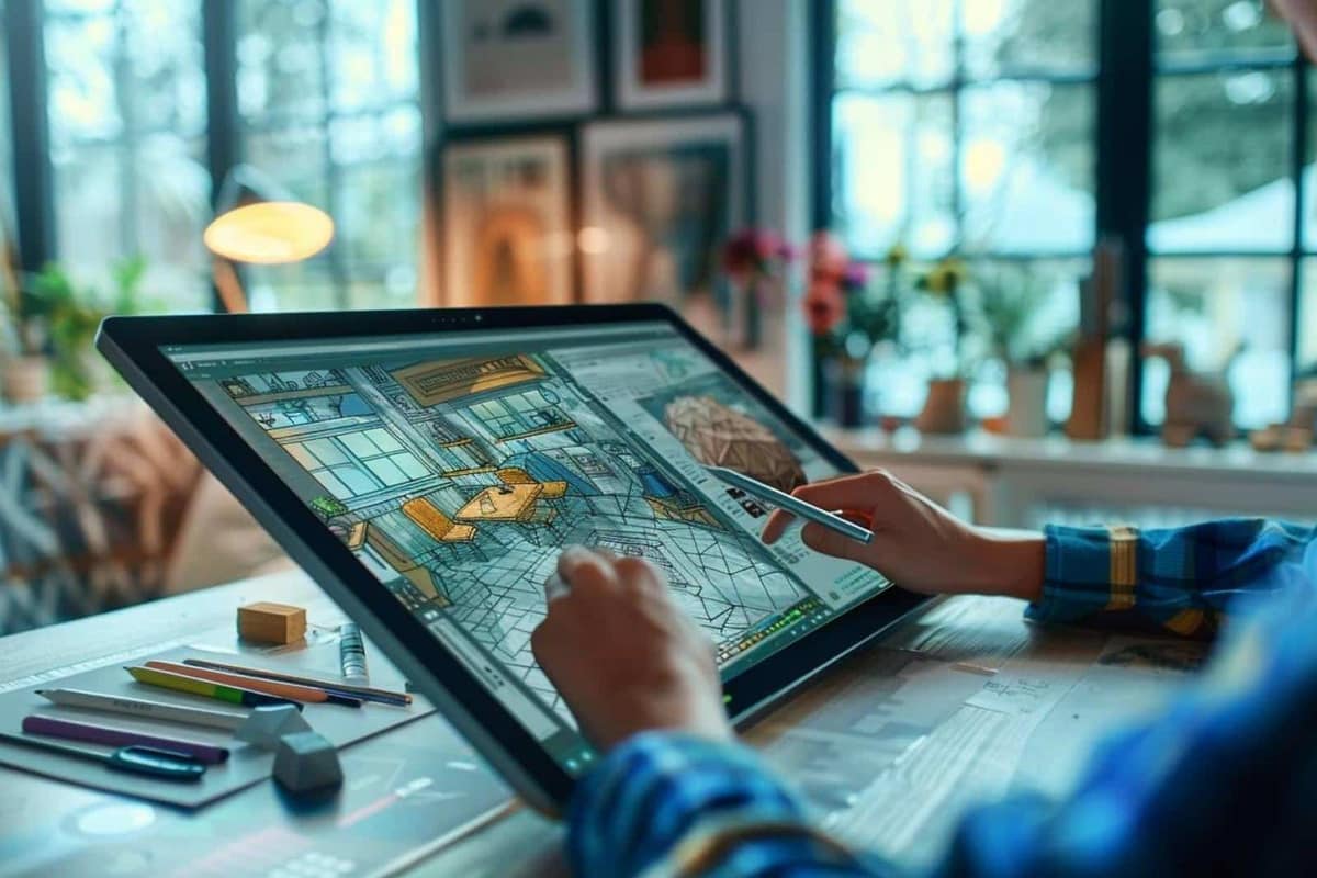 Ordinateur et carnet de croquis pour apprendre la modélisation d’un objet 3D