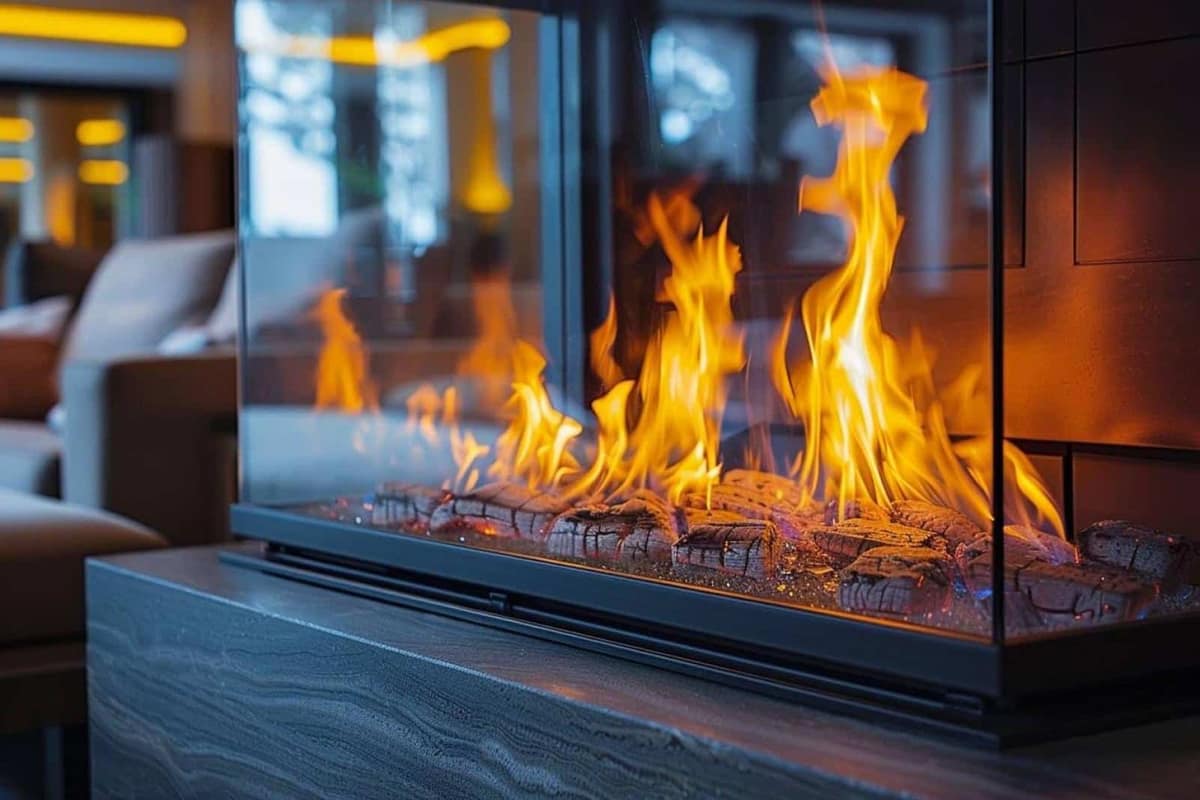 Insert à bois fermé installé dans une cheminée de salon rénovée