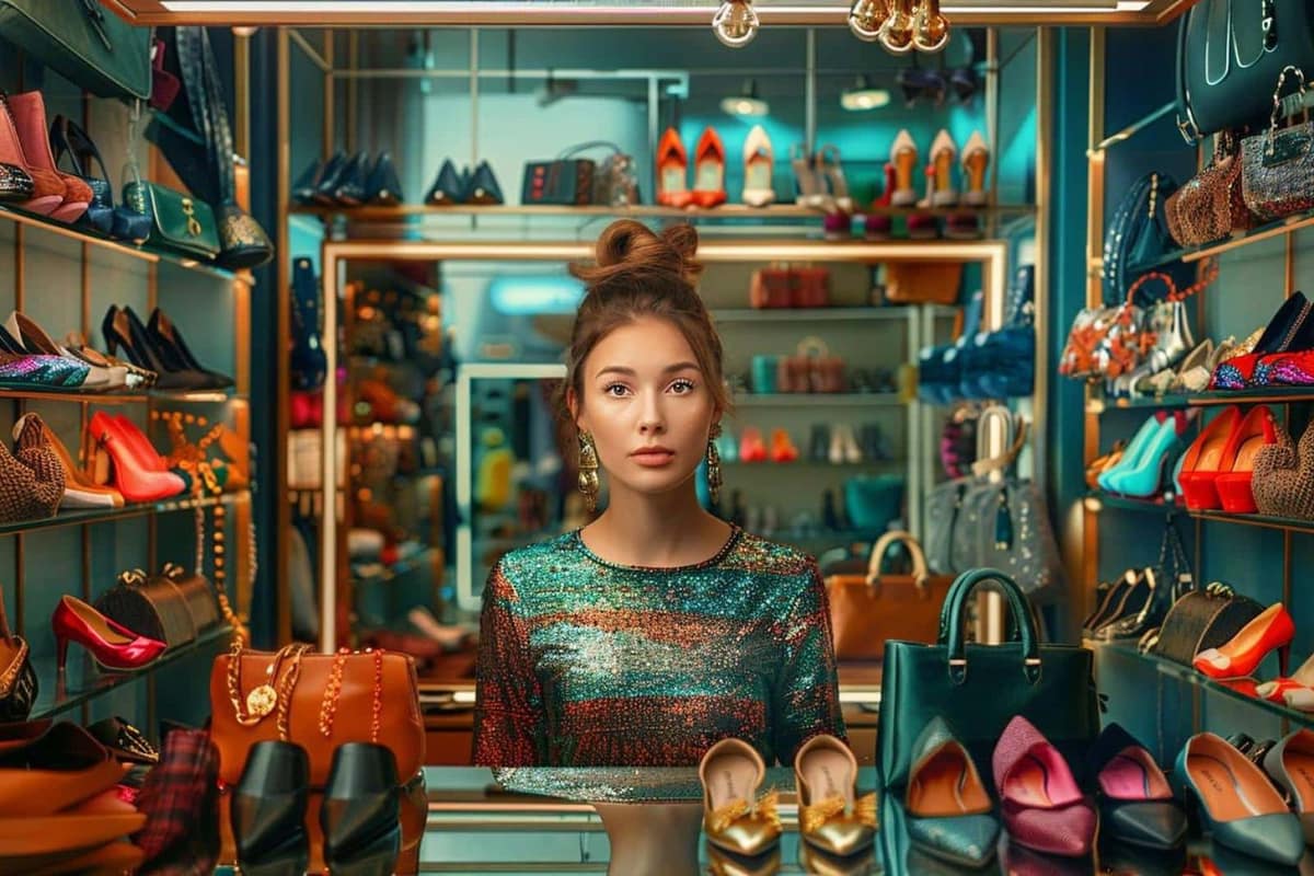 Sac en cuir, lunettes, foulard, montre et chaussures posés sur une table