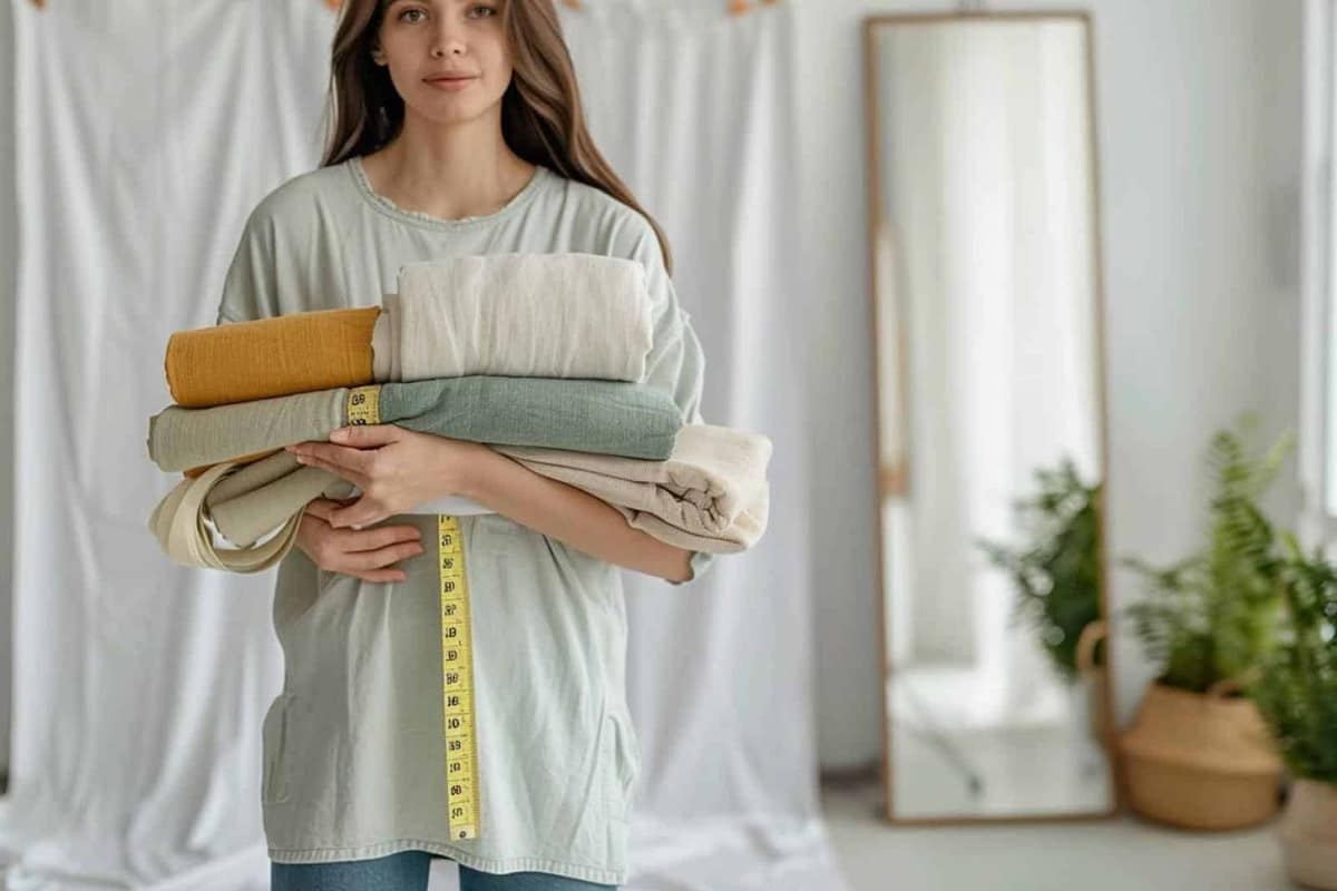Vêtements de différentes coupes devant un miroir et un portant en bois