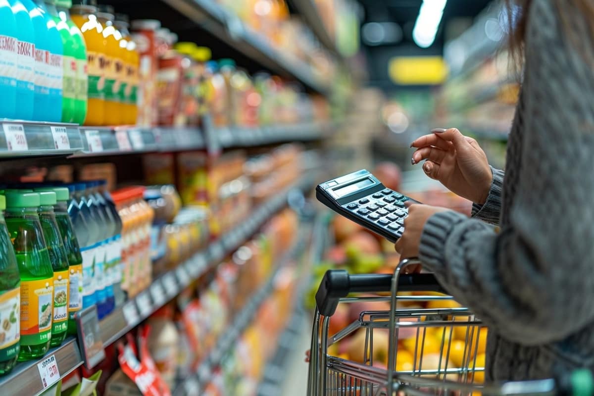 Liste de courses, légumes de saison et produits secs sur une table de cuisine
