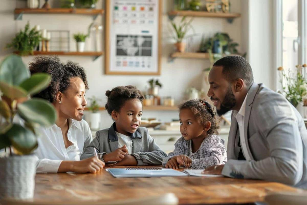 Budget familial organisé sur une table avec enveloppes, calculatrice et pièces en euros
