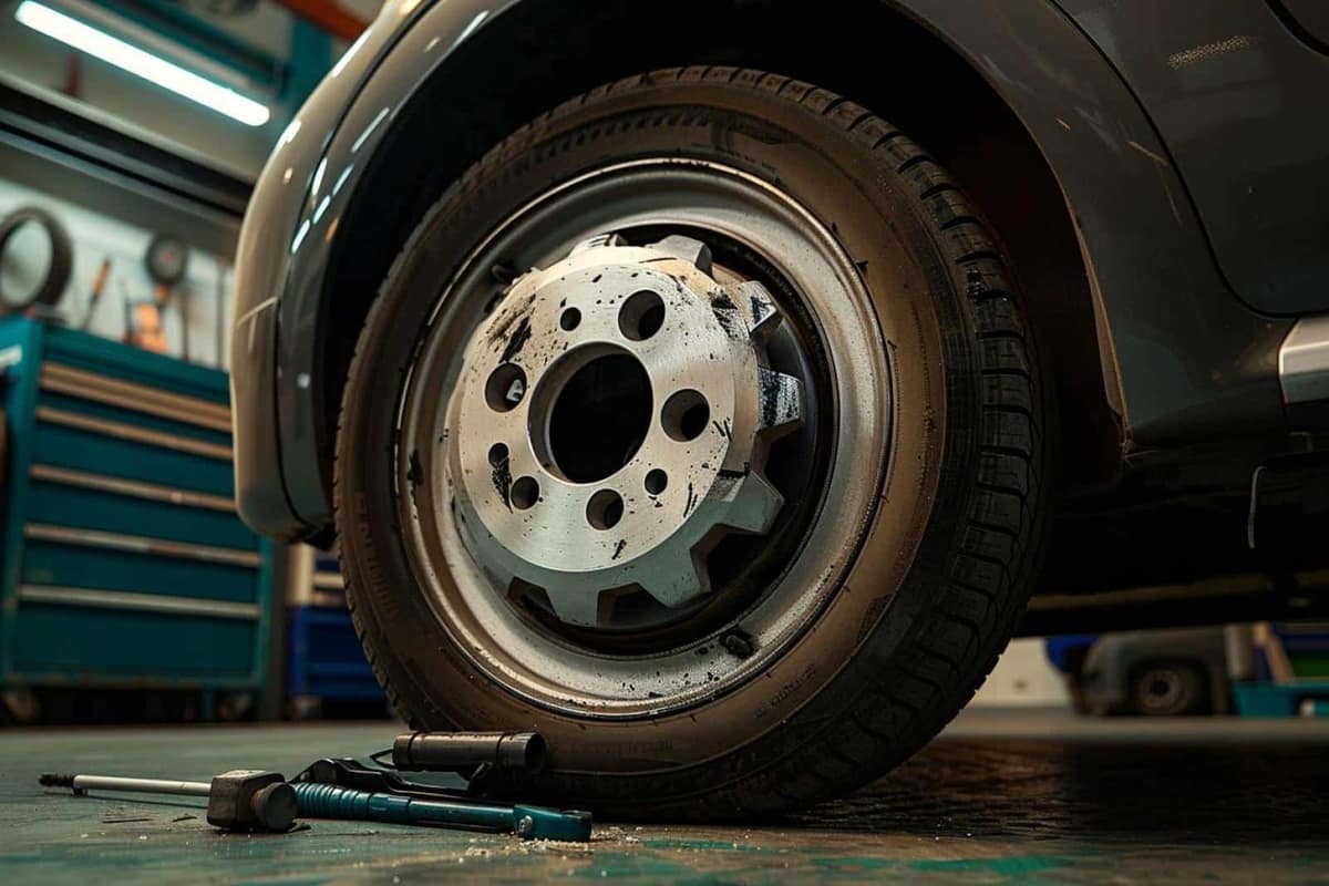 Disque de frein avant neuf monté sur une Peugeot 207 sur chandelles