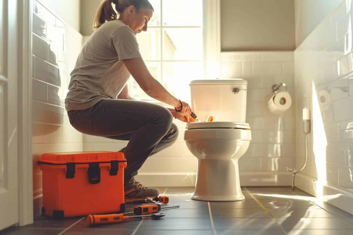 WC à poser neuf avec outils de plomberie sur sol carrelé