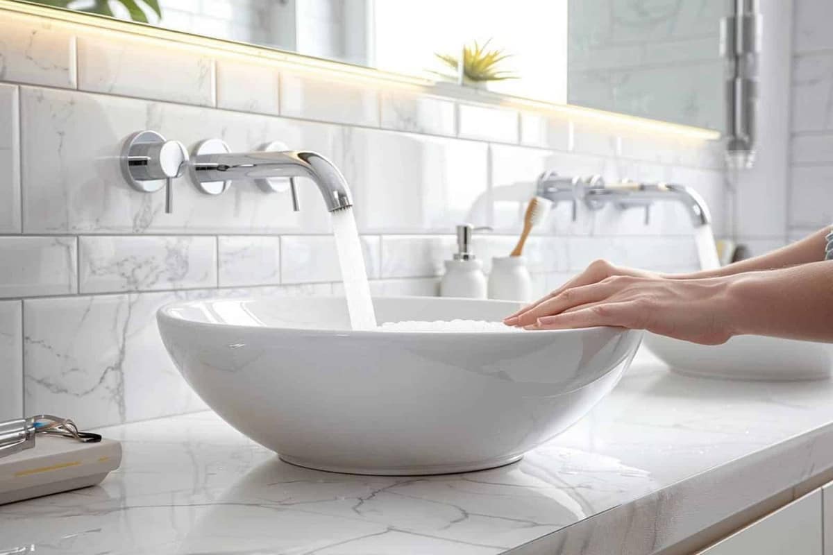 Lavabo blanc suspendu avec siphon apparent et outils de plomberie au sol