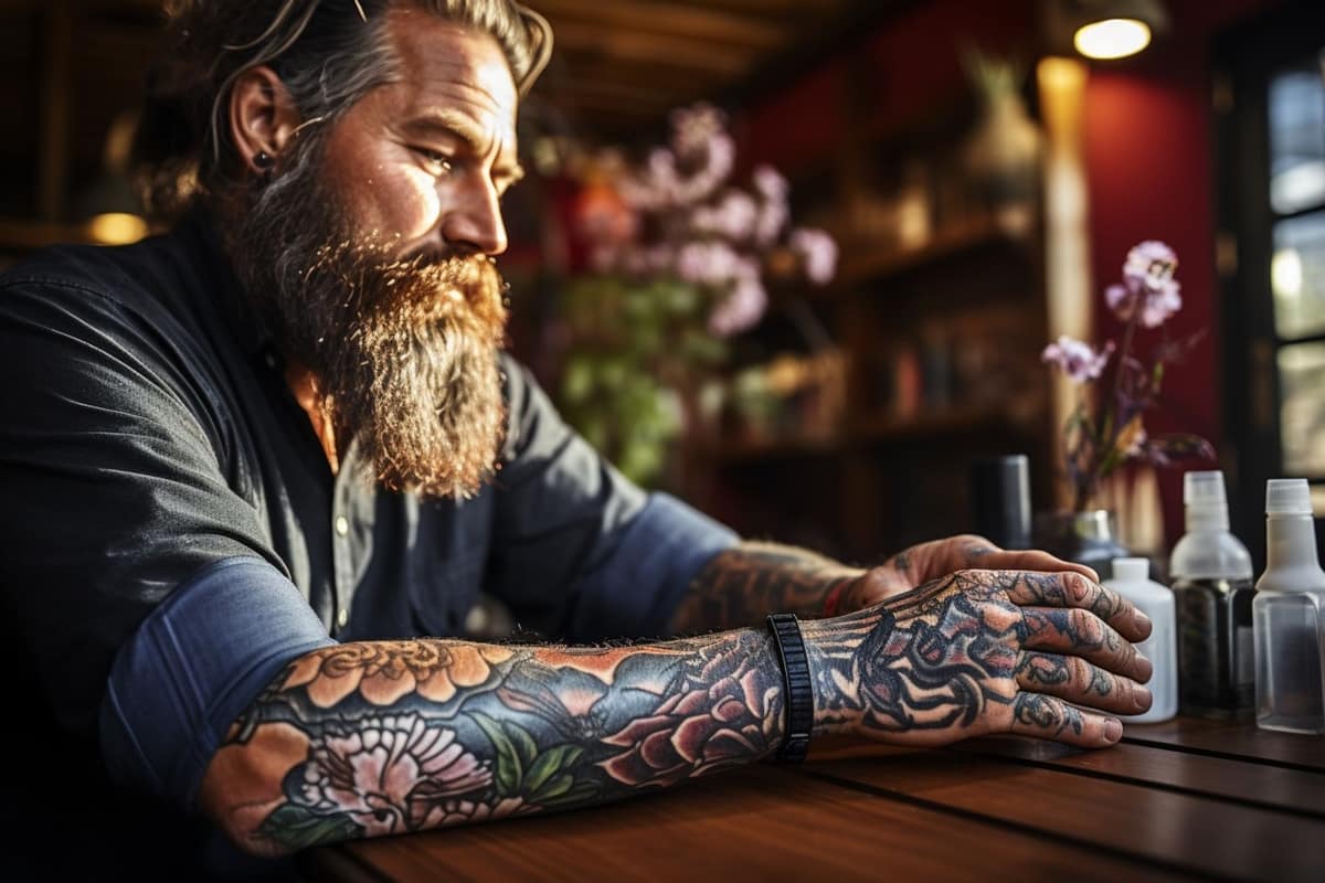 Tatoueur préparant un stencil botanique sur un avant-bras dans un studio propre