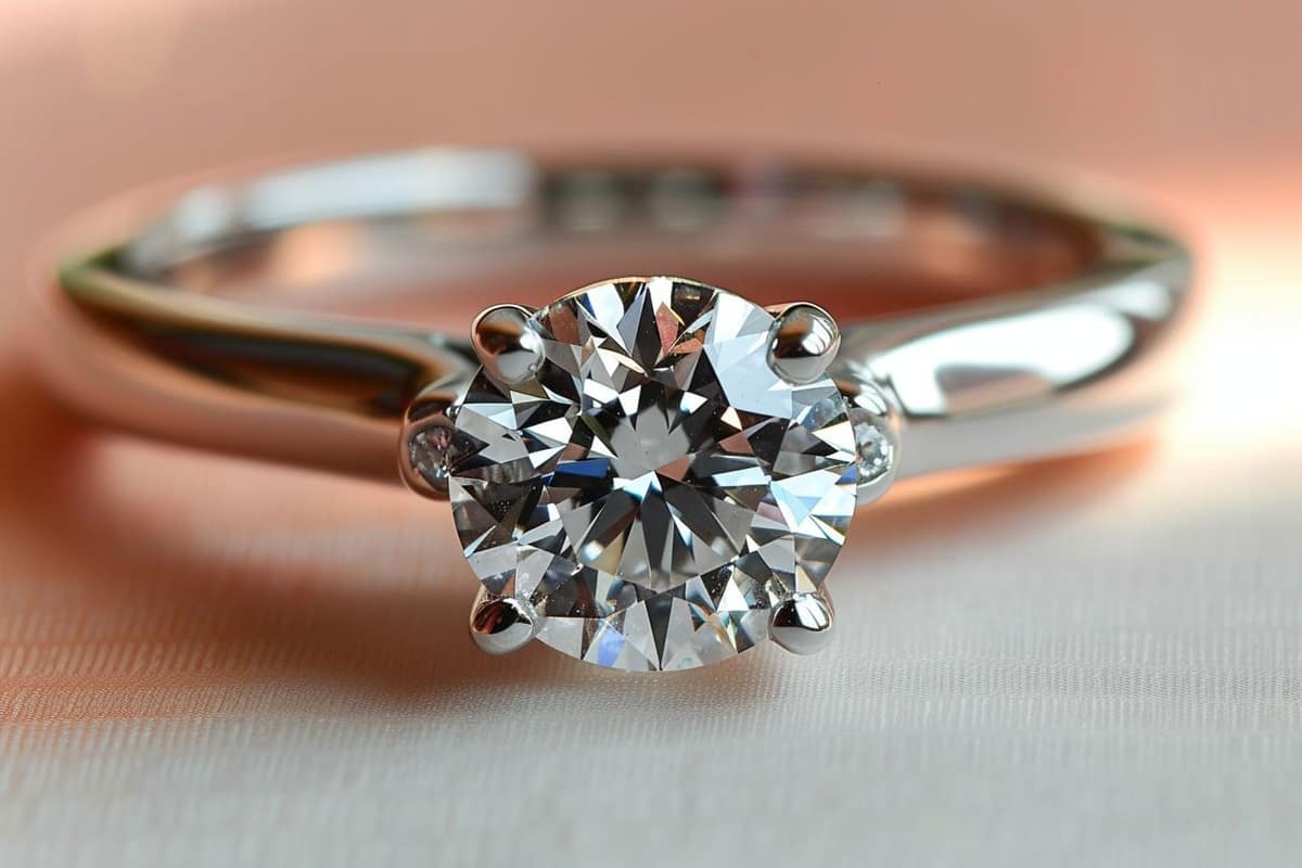 Bague solitaire en or jaune et diamant sur établi de joaillier